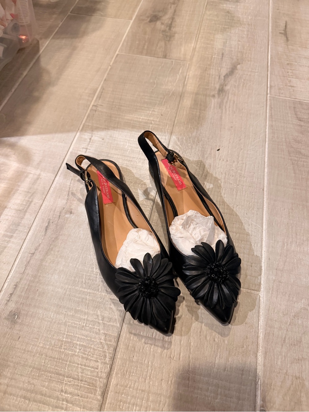 Isaac Mizrahi Black Pointed Slingback Flats with Floral Accent